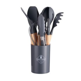 11pcs Wooden Handle Silicone Kitchen Utensils Set Storage Bucket Non-stick Shovel Spoon Cooking Kitchen Utensils 11 Pieces Set Silicone Shovel Sp (Color: Gray)