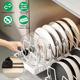 Pull Out Pots and Pans Organizer for Cabinet - 8 Adjustable Dividers, Tool-Free Installation, Damping Rail for Smooth Access (Color: White)
