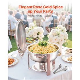 Chafing Dish Buffet Set, 5 Qt 4 Pack, Stainless Steel Chafer with 4 Full Size Pans, Round Catering Warmer Server with Lid Water Pan Folding Stand (Set: 4 Pcs, Style: Rose Gold)