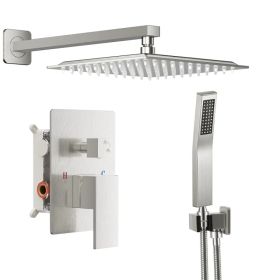 Wall-mounted shower faucet set - 10-12inch square overhead spray + handheld shower head with pressure balance and temperature control valve (Option: Brushed Nickel/10in)